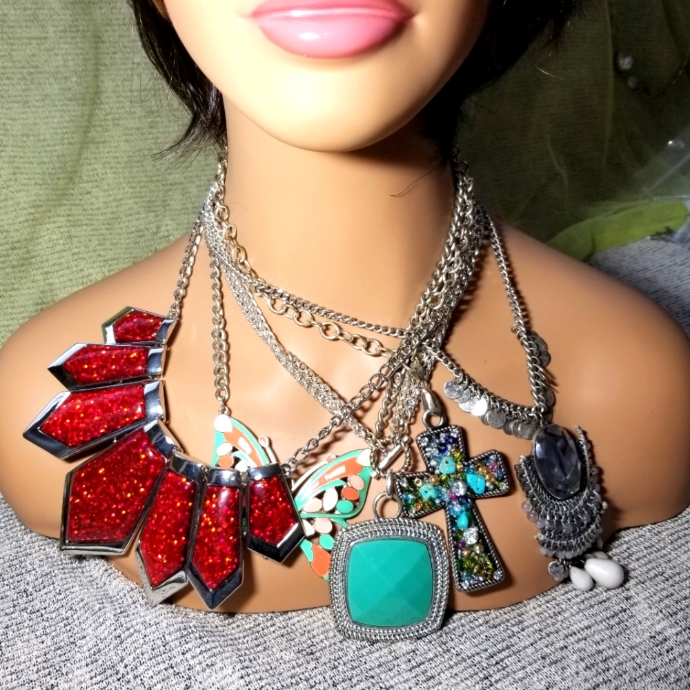 Set of 11 Bright Color Mixed Media, Mixed Silver Tone Short Choker Neclaces